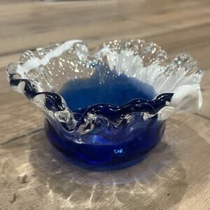 VTG Glass Ruffled Bowl Art Line Japan Blue, White Clear Hand Blown Candy Dish